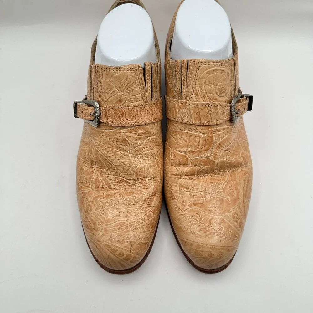 Justin Loafers Shoes Mens Size 8C‎ Narrow Tan Leather Tooled Monk Strap Western